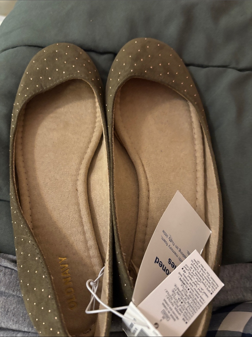 Old Navy Olive Green Suede Ballet Flats with Gold Studs